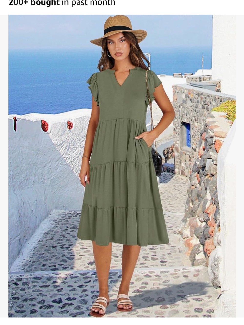 Olive Tiered V-Neck Midi Dress with Pockets
